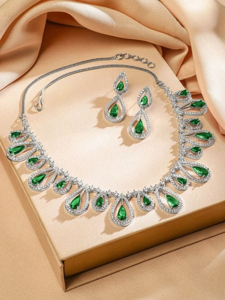 Women Rhodium-Plated Emerald Green & White Cubic Zirconia Studded Teardrop Necklace Set VitansEthnics