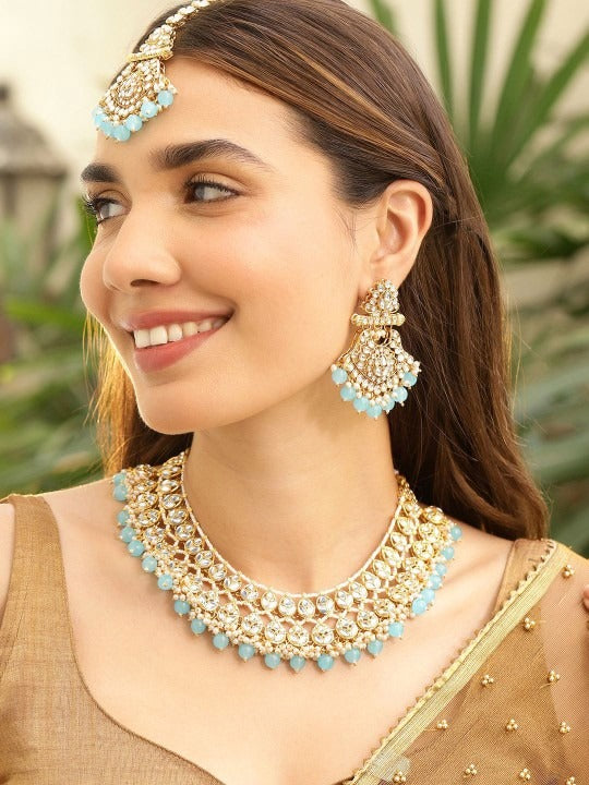 Women Gold-Plated Kundan Studded Necklace Set with White Pearls & Blue Bead Drops VitansEthnics