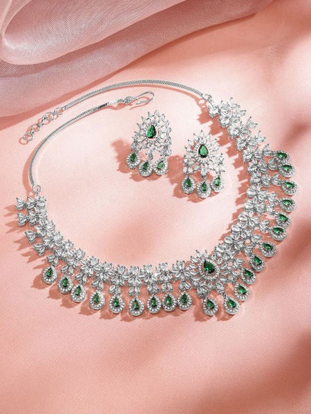 Women Rhodium-Plated Emerald Green & White Cubic Zirconia Studded Chandelier Necklace Set VitansEthnics