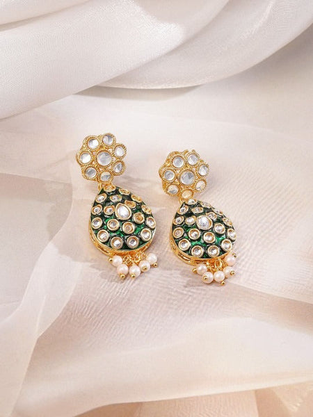 Women Gold-Plated Green Enamel Pearl Bead Drops Kundan Studded Jewellery Set VitansEthnics