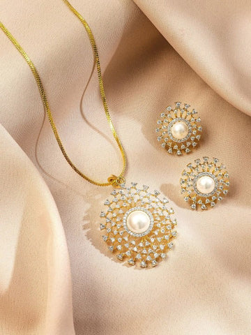 Women Gold-Plated Pearl & White Cubic Zirconia Studded Sunburst Pendant Necklace Set VitansEthnics