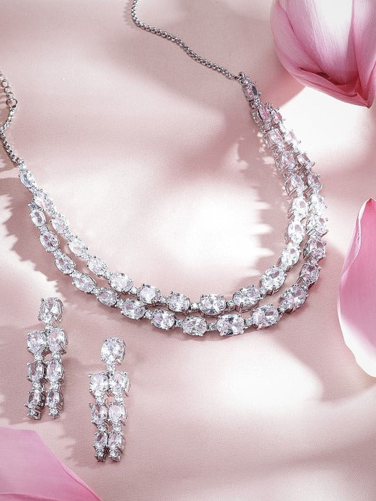 Women Rhodium-Plated White Cubic Zirconia Studded Premium Luxe Jewellery Set VitansEthnics