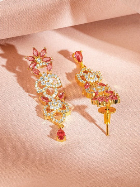 Women Gold Plated Ruby Pink & Cubic Zirconia Studded Necklace & Earrings Set VitansEthnics