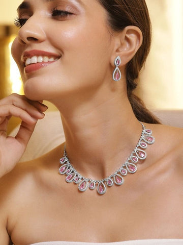 Women Rhodium Plated Crystal Purple & Cubic Zicronia Studded Premium Jewellery Set VitansEthnics