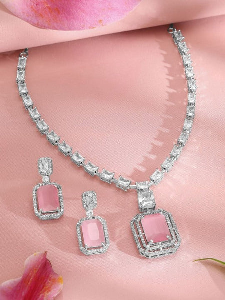 Women Rhodium-Plated Pink Sapphire & White Cubic Zirconia Studded Premium Jewellery Set VitansEthnics