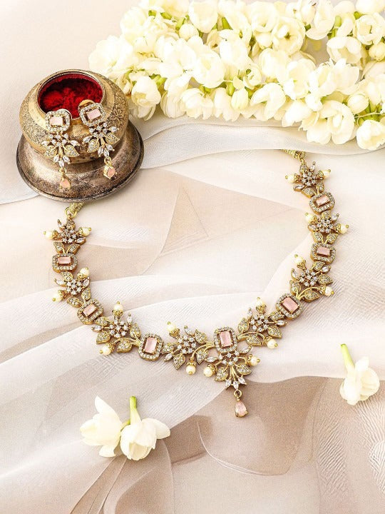 Women Gold Plated Pink Stone & Cubic Zirconia Floral Necklace Set with Pearl Drops VitansEthnics