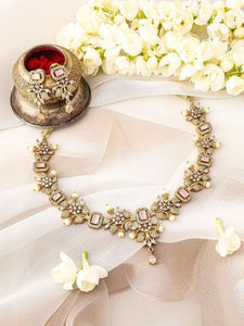 Women Gold Plated Pink Stone & Cubic Zirconia Floral Necklace Set with Pearl Drops VitansEthnics