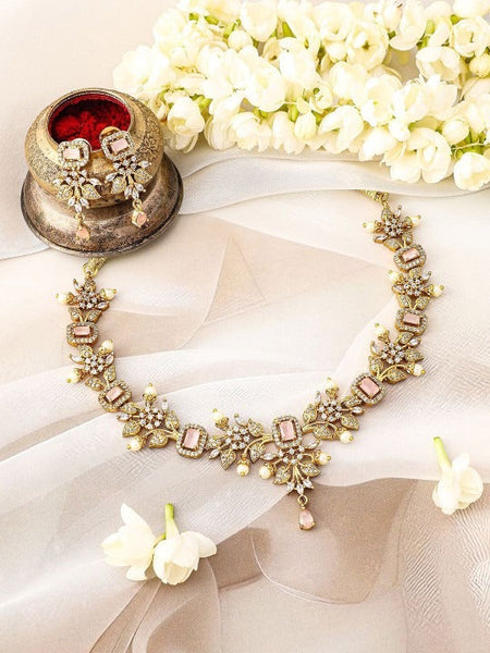 Women Gold Plated Pink Stone & Cubic Zirconia Floral Necklace Set with Pearl Drops VitansEthnics