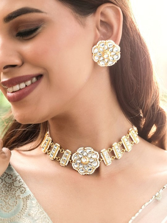 Women Gold Plated Kundan and Pearl beaded Choker jewelry Set VitansEthnics