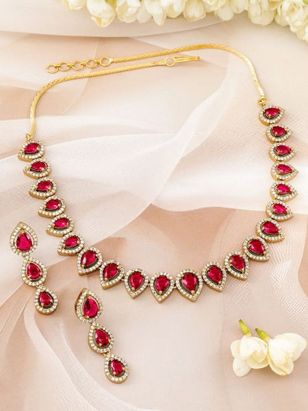 Women Gold-Plated Ruby Pink Stones & White Cubic Zirconia Handcrafted Necklace Set VitansEthnics