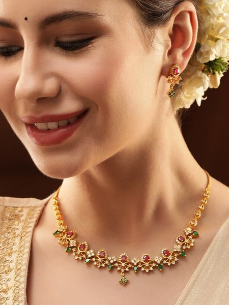 Women Gold-Plated CZ and Ruby & Emerald Studded Necklace Set VitansEthnics