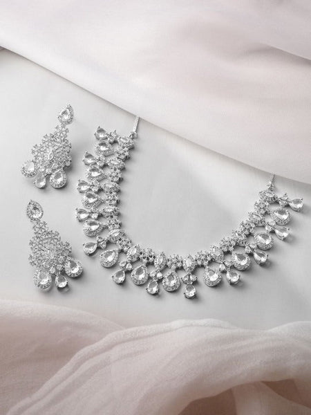 Women Rhodium-Plated Crystal White AD & Cubic Zirconia Studded Statement Necklace Set VitansEthnics