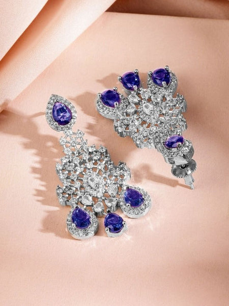 Women Rhodium-Plated Blue Sapphire & White CubicZirconia Statement Necklace Set VitansEthnics