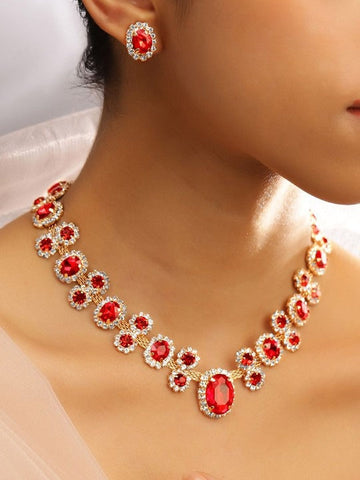 Women Gold Plated Crystal Ruby & CubicZirconia Studded Statement Necklace Set VitansEthnics