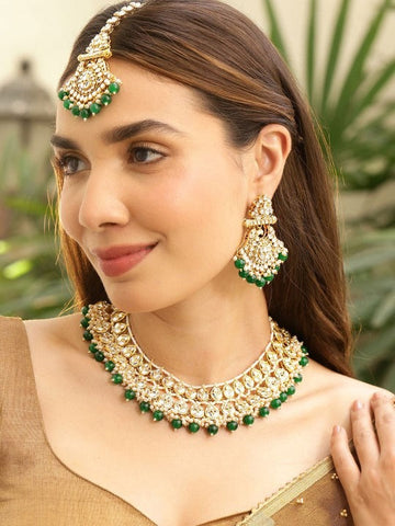Women Gold-Plated White Kundan & Green-White Pearl Beaded Handcrafted Necklace Set VitansEthnics