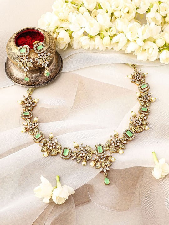 Women Gold-Plated Light Green & Cubic Zirconia Studded Necklace Set with Pearl Drops VitansEthnics