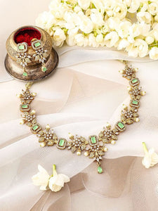 Women Gold-Plated Light Green & Cubic Zirconia Studded Necklace Set with Pearl Drops VitansEthnics