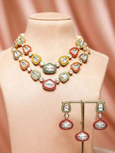Women Gold Plated Multicolor Kundan Layered Necklace Set With Maang Tikka VitansEthnics