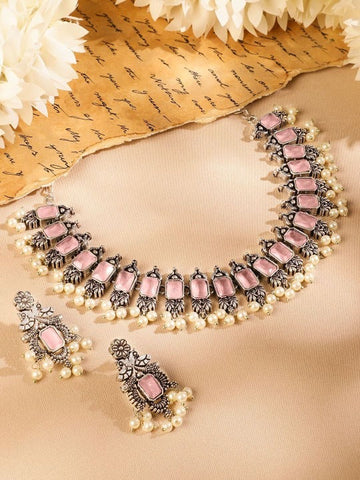 Women Oxidised Silver-Plated Pink Stone Studded Pearl Beaded Traditional Necklace Set VitansEthnics
