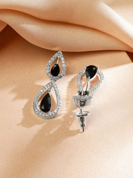 Women Rhodium-Plated Black AD & White Cubic Zirconia Studded Teardrop Design Necklace Set VitansEthnics
