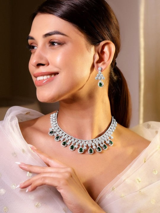 Women Rhodium-Plated Emerald Green & Cubic Zirconia Studded Necklace Set VitansEthnics