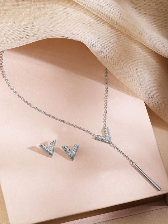 Women Rhodium Plated Cubic Zirconia Studded V Shaped Pendant Necklace Set VitansEthnics