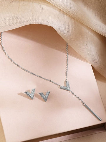 Women Rhodium Plated Cubic Zirconia Studded V Shaped Pendant Necklace Set VitansEthnics