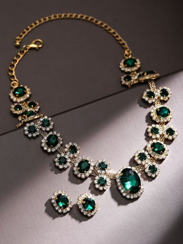 Women Gold Plated Emerald Green Crystal & Cubic Zirconia Studded Necklace Set VitansEthnics
