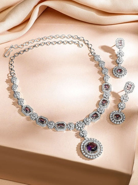 Women Rhodium-Plated Amethyst Purple & AAA Cubic Zirconia Necklace Set in Silver Tone VitansEthnics