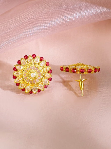 Women Gold Plated Ruby Pink Beaded & Cubic Zirconia Multi Strand Choker Jewellery Set VitansEthnics