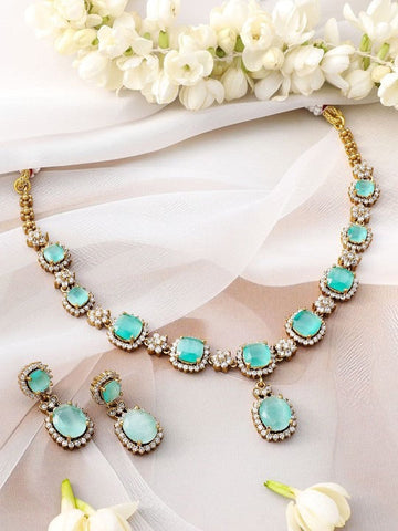 Women Gold-Plated Aqua Green Stone & Cubic Zirconia Studded Necklace Set with Earring VitansEthnics