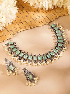Women Oxidised Silver-Plated Mint Green Stone Studded Pearl Beaded Necklace Set VitansEthnics