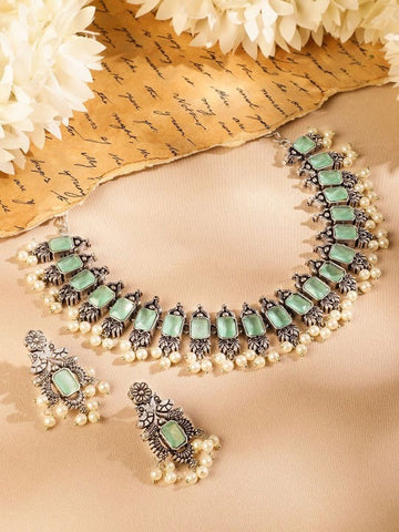 Women Oxidised Silver-Plated Mint Green Stone Studded Pearl Beaded Necklace Set VitansEthnics