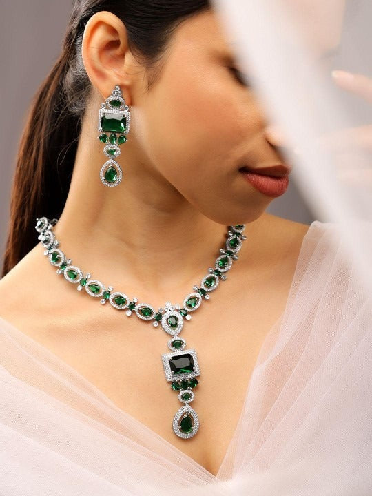 Women Rhodium-Plated Emerald Green & White Cubic Zirconia Studded Luxe Jewellery Set VitansEthnics
