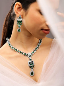 Women Rhodium-Plated Emerald Green & White Cubic Zirconia Studded Luxe Jewellery Set VitansEthnics