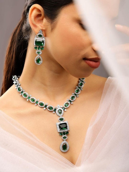 Women Rhodium-Plated Emerald Green & White Cubic Zirconia Studded Luxe Jewellery Set VitansEthnics