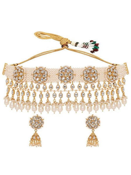 Women Gold Plated Kundan Studded Pearl Beaded Layered Choker Jewellery Set VitansEthnics