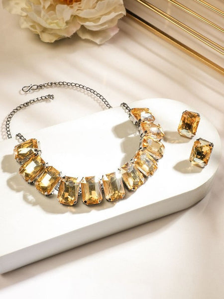Women Rhodium-Plated Yellow Crystal Cubic Zirconia Studded Statement Choker Jewellery Set VitansEthnics