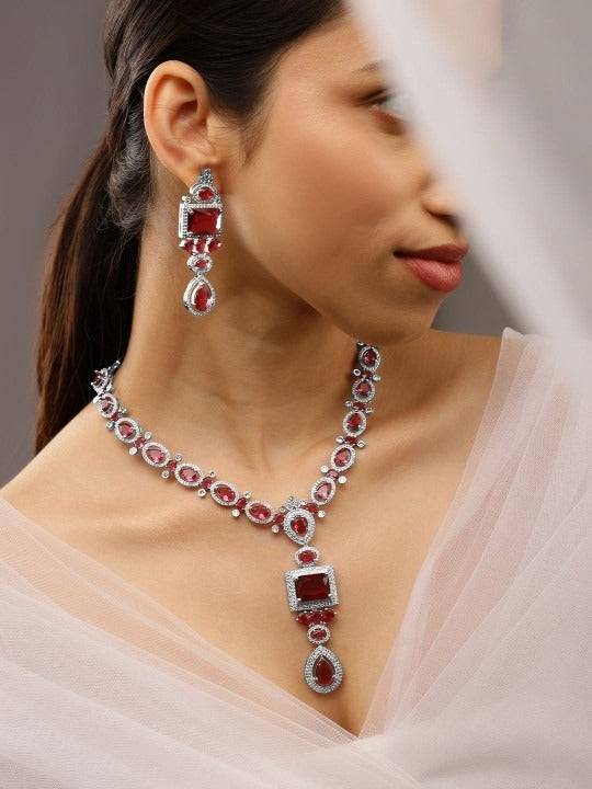 Women Rhodium-Plated Ruby Pink & White Cubic Zirconia Studded Luxe Jewellery Set VitansEthnics