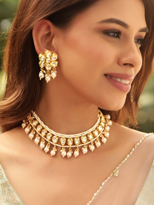 Women Gold Plated Kundan Studded Pearl Beaded Handcrafted Choker Jewellery Set VitansEthnics