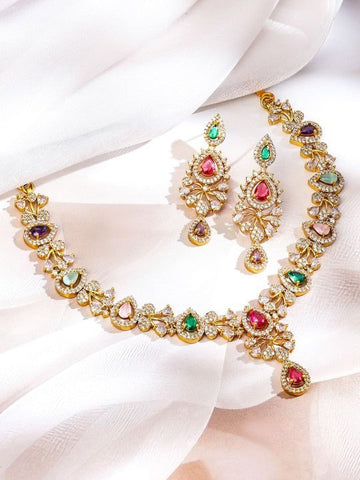 Women Gold-Plated Multicolour Stone & White Cubic Zirconia Floral Vine Necklace Set VitansEthnics