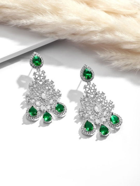 Women Rhodium Plated Emerald Green & White Cubic Zirconia Studded Statement Jewellery Set VitansEthnics