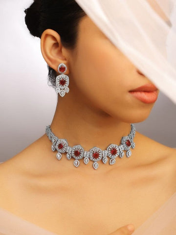 Women Rhodium Plated Ruby & Cubic Zirconia Studded Luxe Choker Jewelry Set VitansEthnics