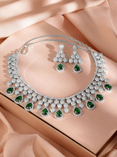 Women Rhodium-Plated Emerald Green & Cubic Zirconia Studded Necklace Set VitansEthnics