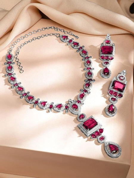 Women Rhodium-Plated Ruby Pink & White Cubic Zirconia Studded Luxe Jewellery Set VitansEthnics
