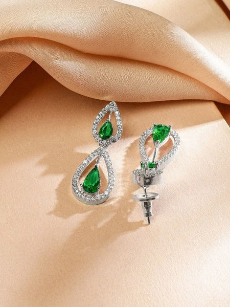 Women Rhodium-Plated Emerald Green & White Cubic Zirconia Studded Teardrop Necklace Set VitansEthnics