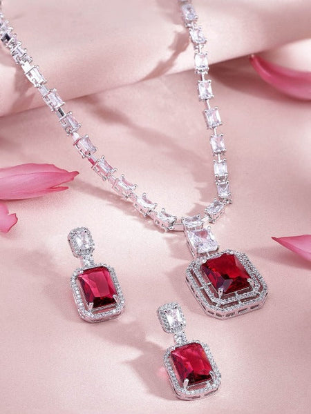 Women Rhodium-Plated Ruby Red & White Cubic Zirconia Studded Necklace Set VitansEthnics