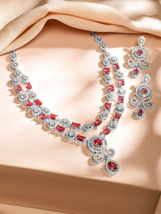 Women Rhodium-Plated Ruby Pink & White Cubic Zirconia Double Layer Luxe Jewellery Set VitansEthnics
