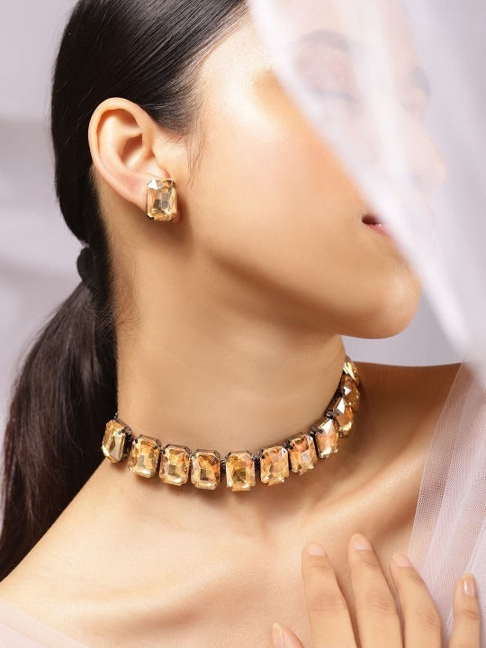 Women Rhodium-Plated Yellow Crystal Cubic Zirconia Studded Statement Choker Jewellery Set VitansEthnics