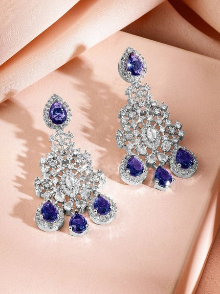 Women Rhodium-Plated Blue Sapphire & White CubicZirconia Statement Necklace Set VitansEthnics